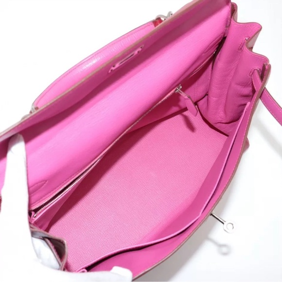 ♥️SOLD!💃🏽 AUTHENTIC HERMES Kelly 35cm Verso ROUGE & Pink Rose Tyrian Leather - Picture 8 of 9